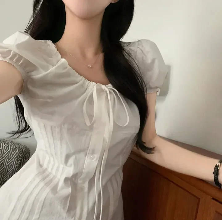 

Lace Up Slim Fit Puff Sleeve Shirt For Women's Summer New Design Pleated Top