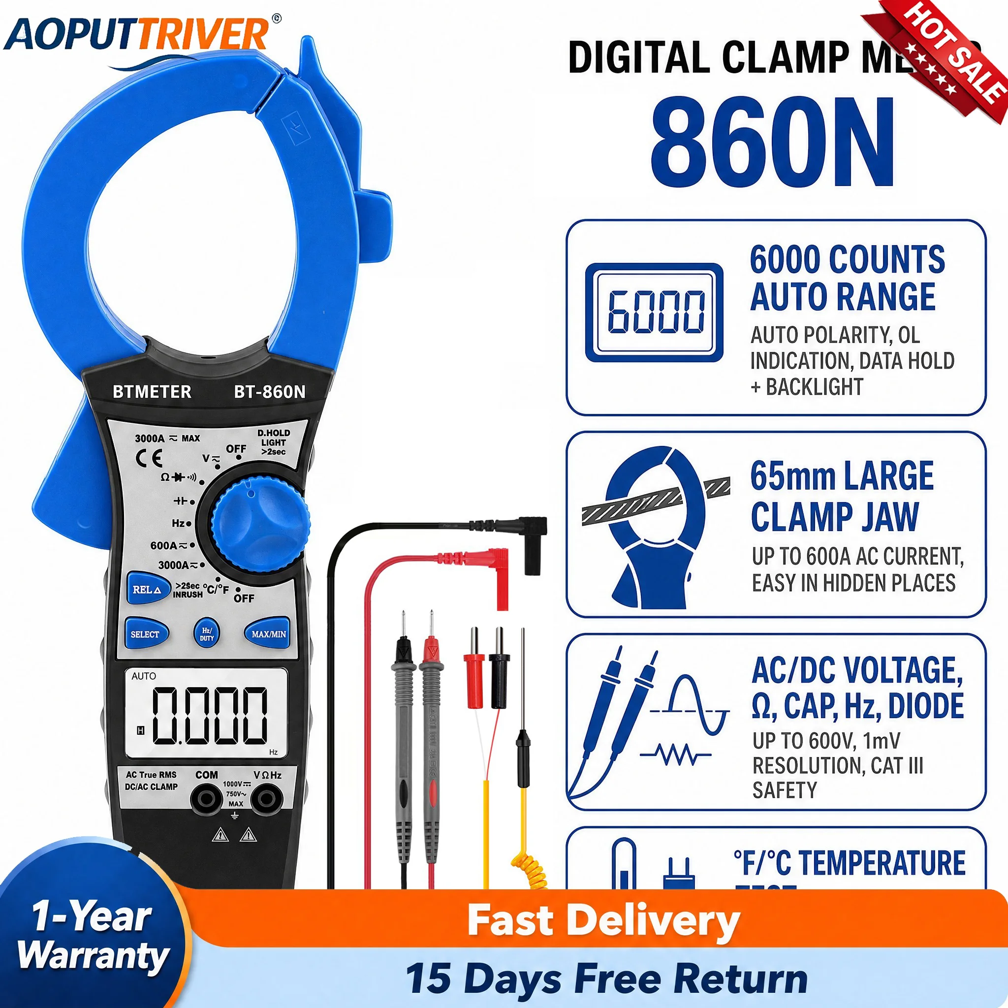 Digital Clamp Meter 6000 Counts AC/DC Auto Range Multimeter Voltage Resistance Capacitance Frequency Temperature Diode Backlight