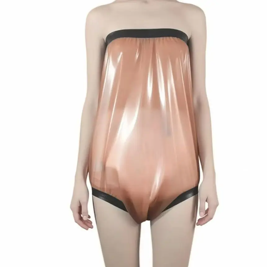 Rubber Shorts Underwear Briefs Transparent Pink With Black High Waist Cut Leg Latex Bodysuits Diaper Loosely Bottoms view 2