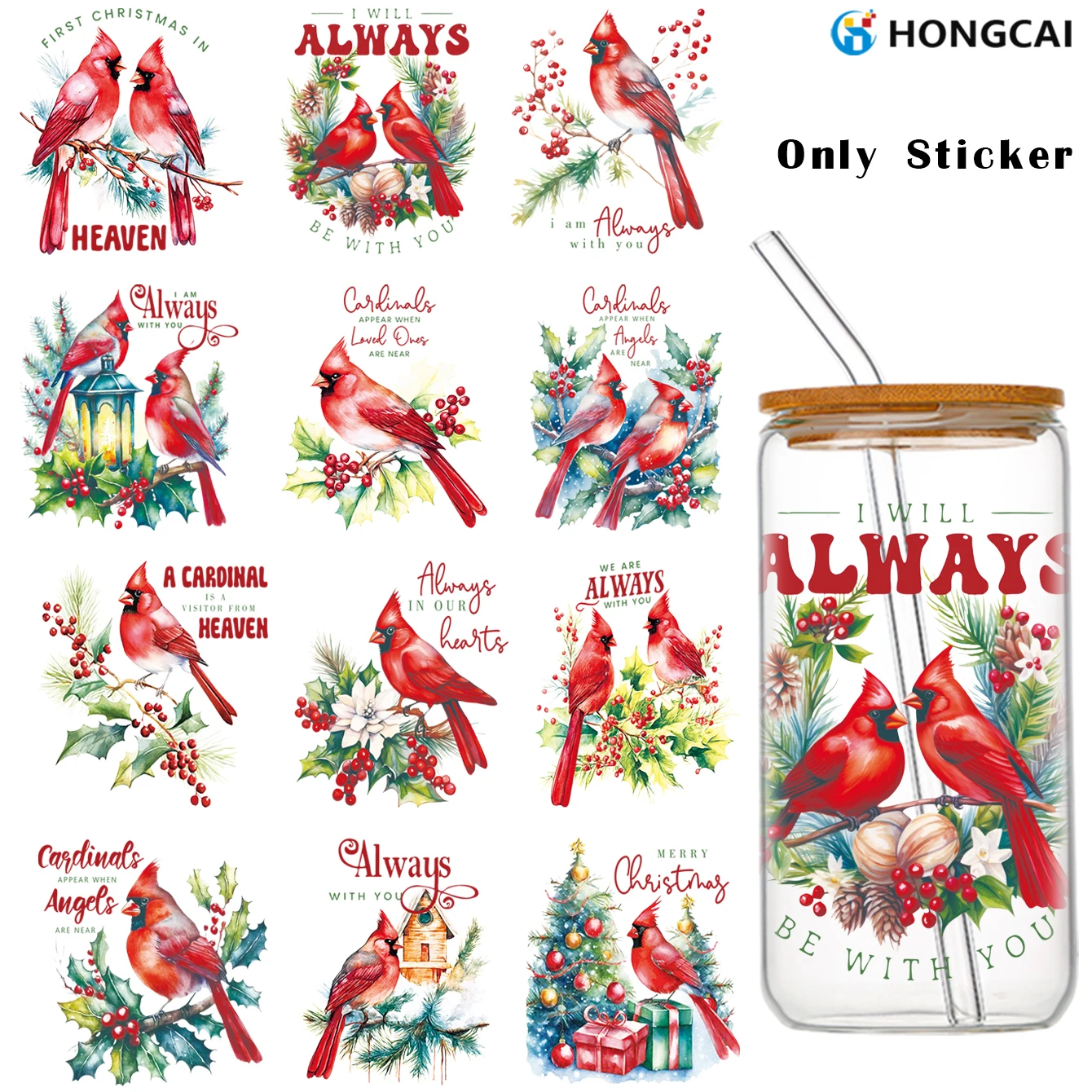 

5 Red Cardinal Commemorative UV Crystal Decals Featuring Cardinals and Christmas Elements Delicate Color Details