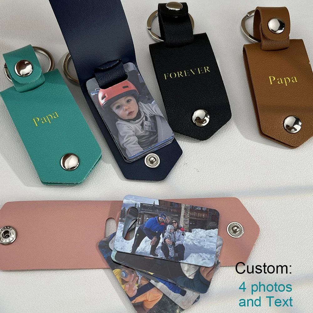 1pc Custom 4 Photos Message Text Leather Key Chain Personalized Keychain Gift for Father's Day Mother's Day