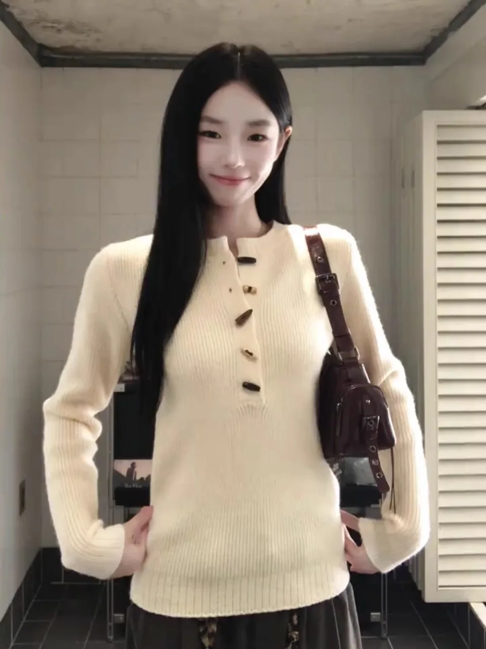 Coreano Sle tejido Henry Collar Base irt Mujer Otoño Invierno Slim Fit Hermoso diseño Ropa interna Top Lana suave Lo...