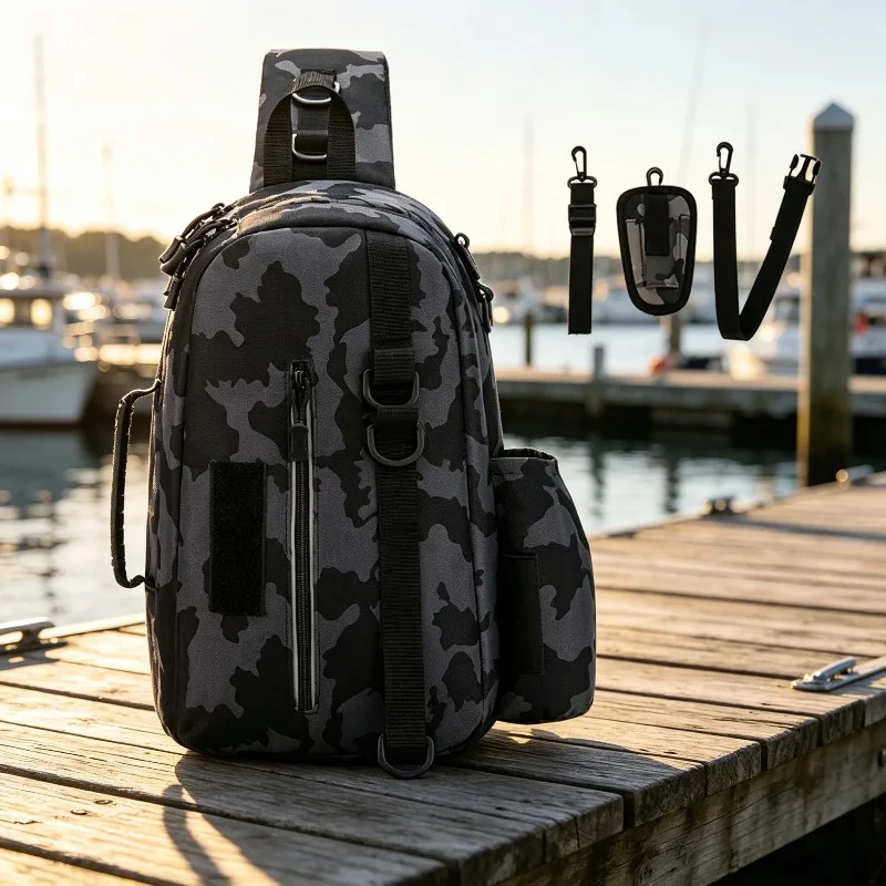 New Multi-Functional Lure Storage Bag, Built-in Fishing Rod Holder Crossbody Shoulder Pack, Reflective Safety Wearable Design