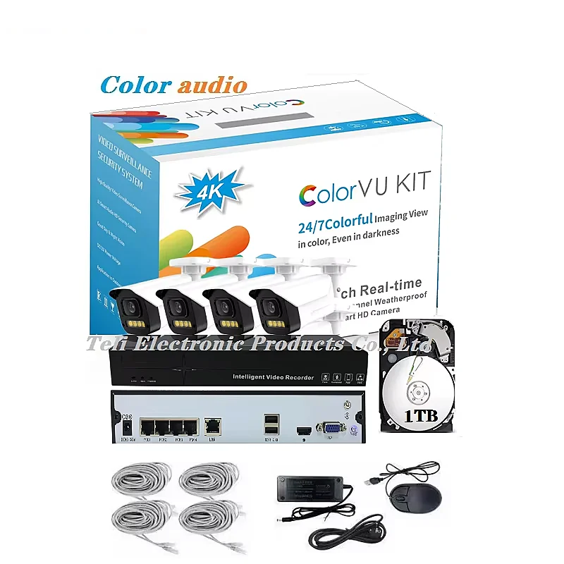 4K 8MP IP Camera POE Full Color Night Vision Audio 4 Channel NVR 1TB Memory Store CCTV Monitoring System