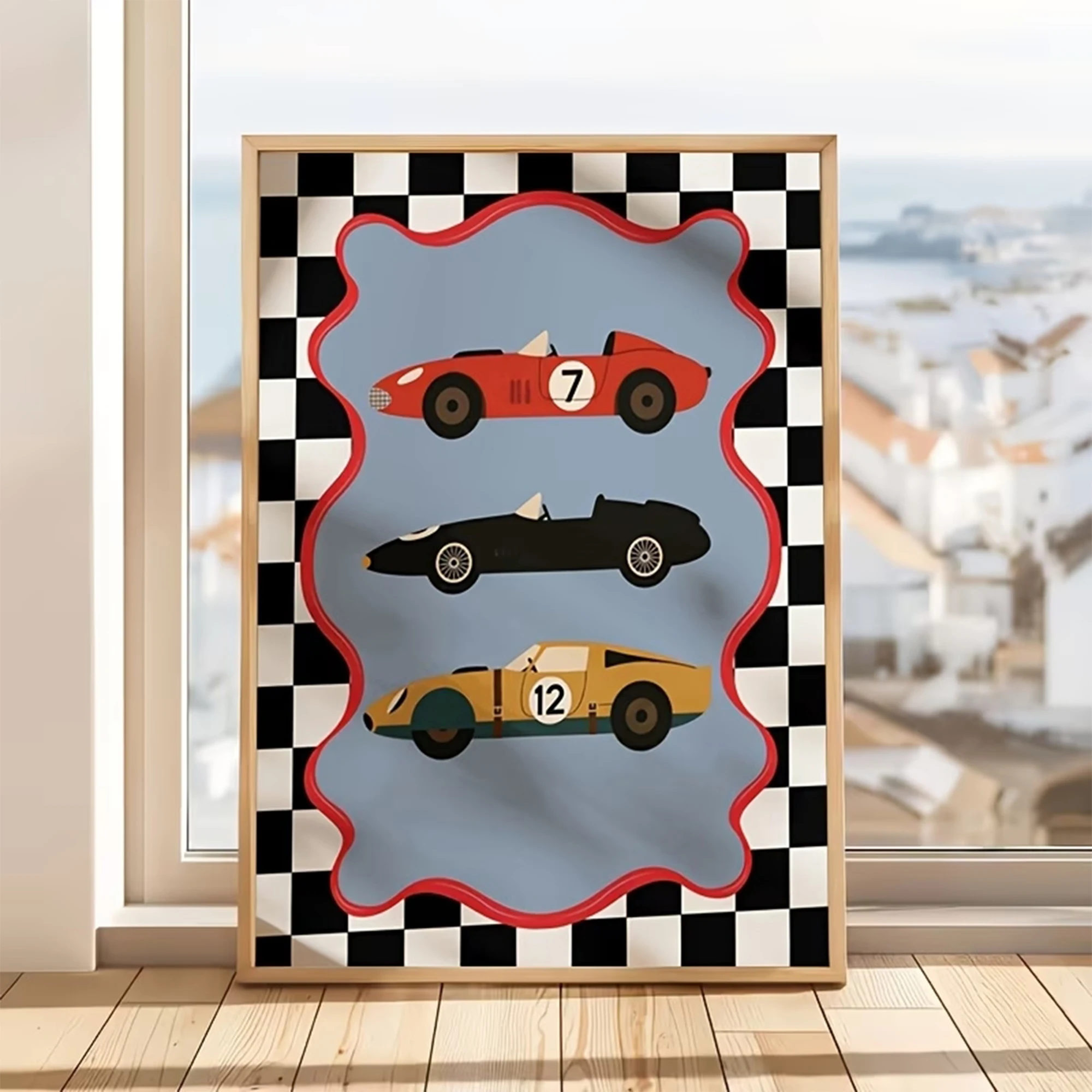 Modern Black White Checkered Race Car Wall Art Print Canvas Painting Poster Picture For Living Room,Bedroom Home Decor