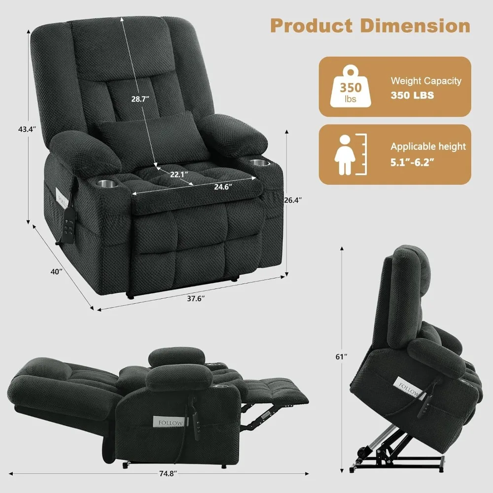 Electric Power Large Lift Recliner Chair Sofa with Massage and Heat for Elderly, Oversized Lay Flat Dual Motor Infinite Position