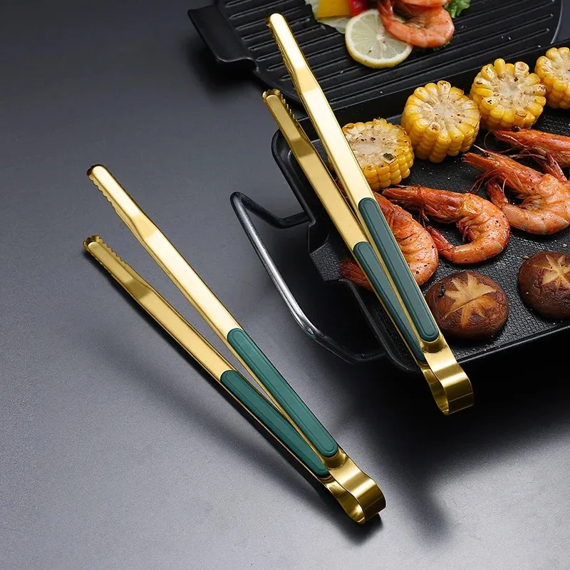 Gold Stainless Steel Food Tongs Non-Slip Serving Tongs For BBQ Meat Salad Bread Kitchen Accessories Cooking Utensils