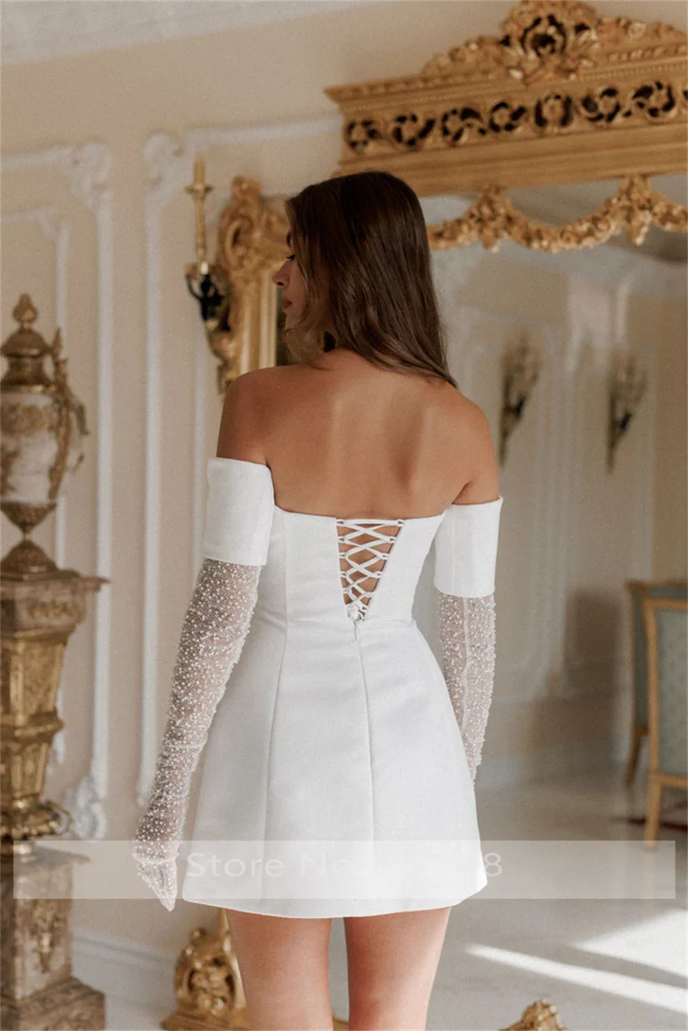 Fashion Boat Collar Satin Solid Short Mini Evening Prom Dress Backless Lace up Prom Bridal Gown with Sleeve Customized image 3