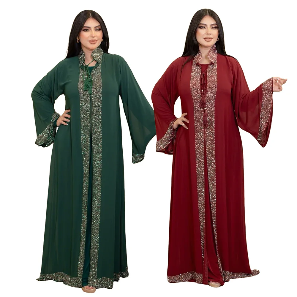 

Muslim Women Dubai Arab Middle East Party Clothing Robe Fashion Diamond 2-piece Dress Set Abaya Robe