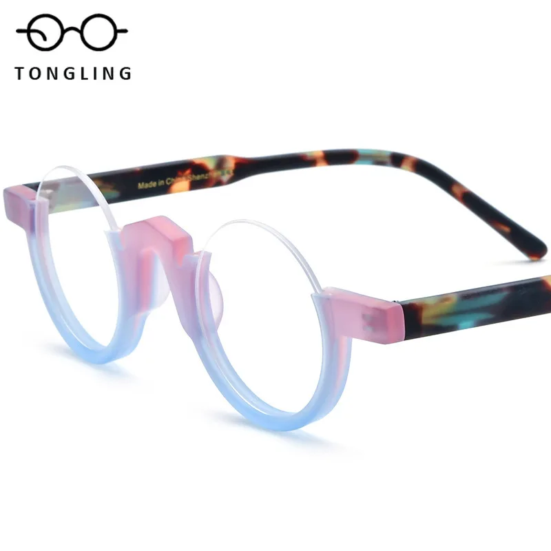 

HighQuality Men Acetate Round Frame Fresh Matte Finish Paired Half Frame Retro Women Casual Artistic Personalized Eyeglass Frame