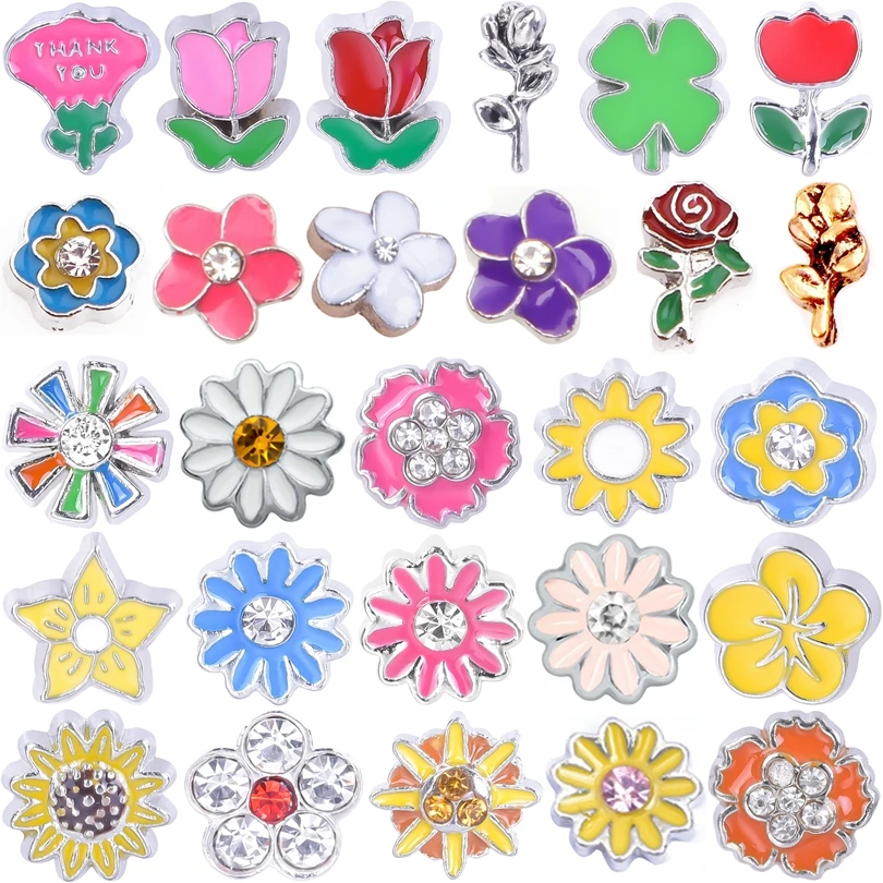 20Pcs Mulitcolor Flower Tulip Sunflake Dasiy Enamel Floating Charm Locket Alloy Accessories DIY Jewelry Making Gifts Findings