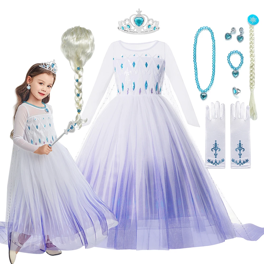 Elsa Dress for Kids Girl White Mesh Sequins Ball Gown Princess Dress Fancy Birthday Carnival Party Children Clothing 2-10Y Dress