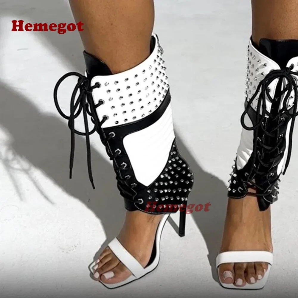 Silver Rivet Lace Up Sandals Open Toe Stiletto Heels Back Zipper Women's Sandals Cut Out Summer Gladiator Casual Shoes 2026 New
