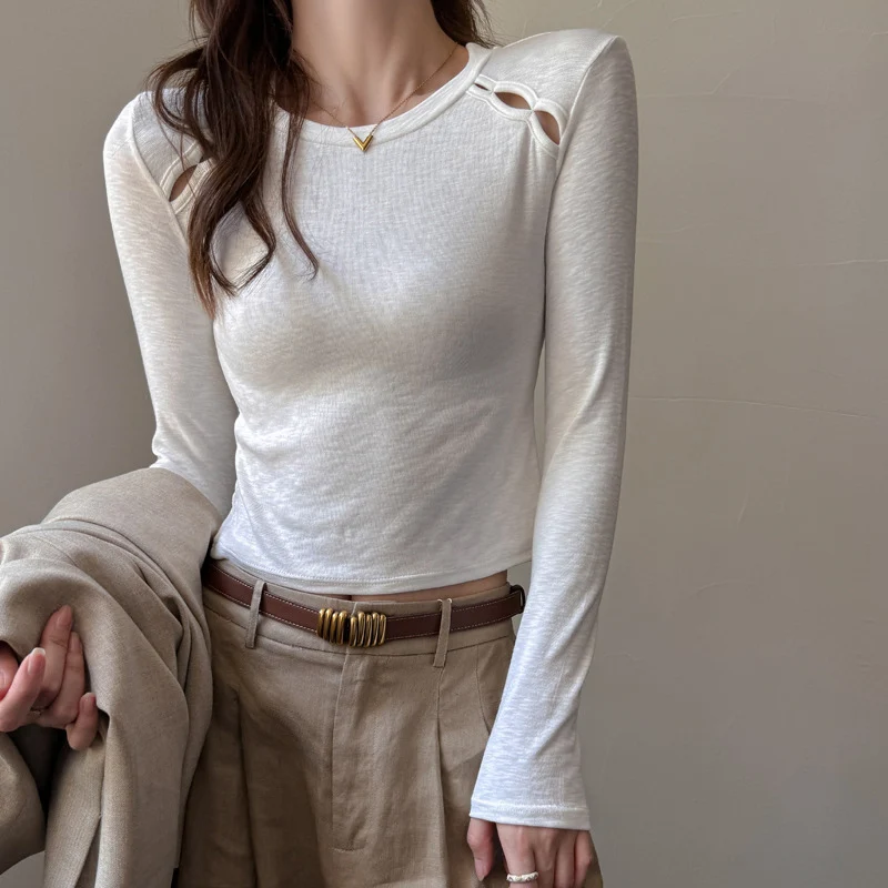 

2025 New Hollow Out Long Sleeve T-Shirt Women Autumn Winter Chic Design Cropped Bottoming Shirt Korean Street Slim Fit Base Tees