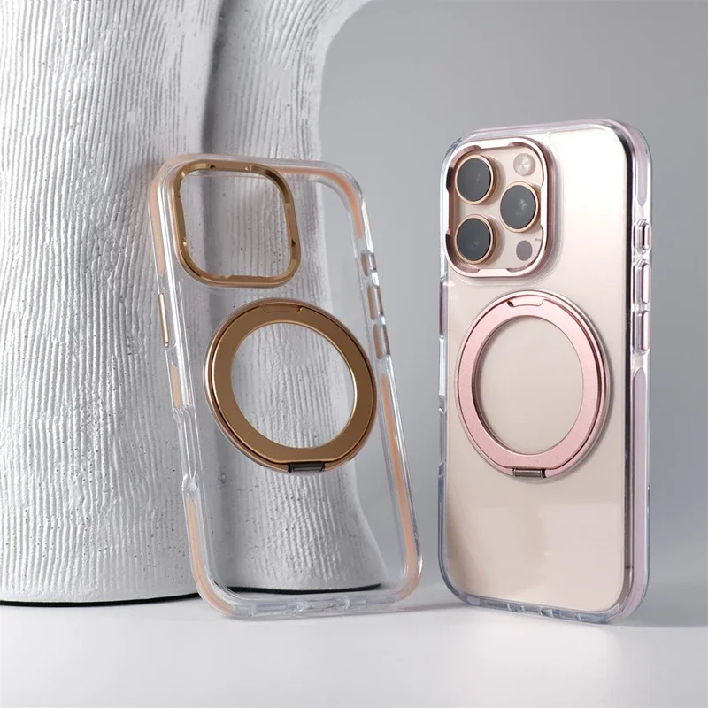 

Magnetic 360 Rotatable Bracket Holder MagSafe Phone Case For iPhone 17 Air 16 E 15 14 13 Pro Max Wireless Charge Clear Cover
