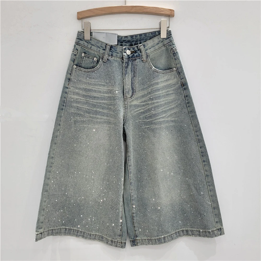 Pantaloncini di jeans con strass Jeans capri versatili larghi primavera/estate da donna Pantaloni larghi alla moda Pantaloni casual coreani