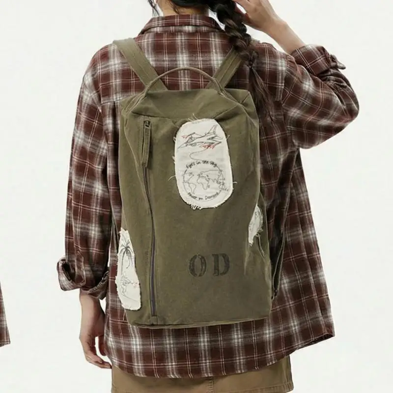 

American Retro Military Style Canvas Backpack For Outdoor Hiking, Portable Multifunctional Large Capacity Bucket Type Travel Bag