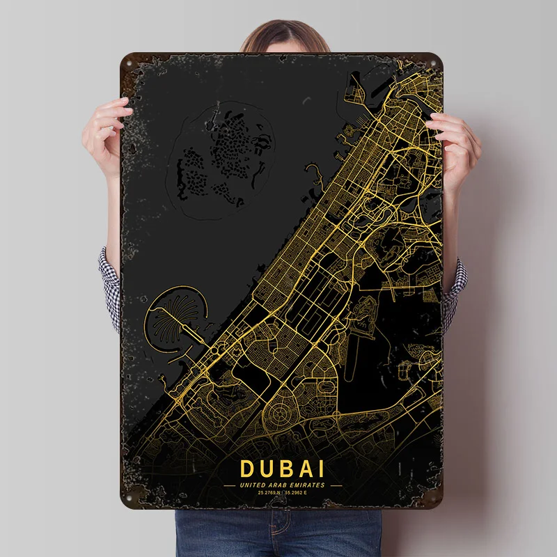 Golden Dubai City Map Metal Poster Customized Wall Art Retro Vintage Tinplate Signs for Room Decorations Home Decoration Gaming