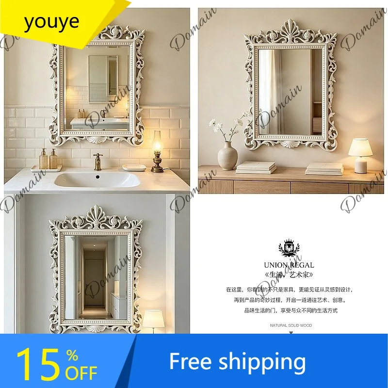 N80 French Bathroom Wall Hanging Mirror American Carved White Vanity Mirror Bedroom Dresser Mirror Fireplace Decorative