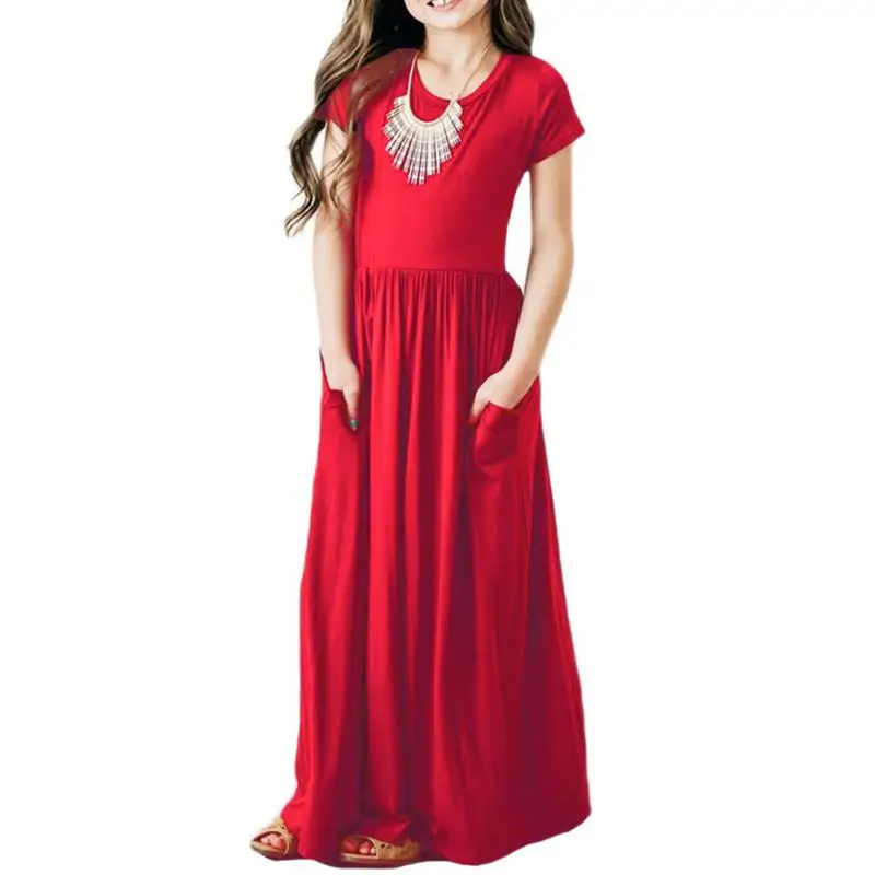 Sommer Mädchen Neue Einfarbig Kurzarm Langes Kleid Strand Party Geburtstag Casual Mode Zeigen Vielseitig A-Line Kleid – Detail 6