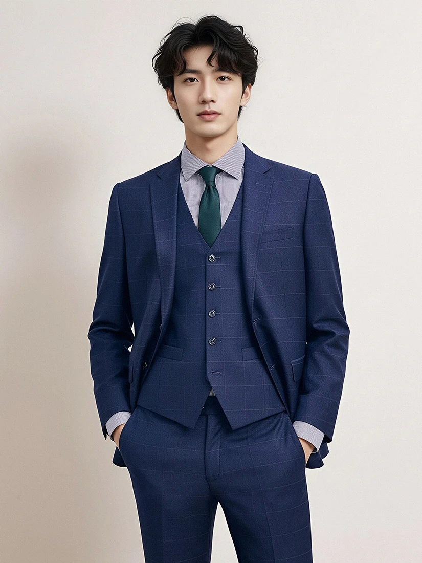 97% Wool Blue Plaid Suit for Men Wedding & Business Suit Set for Groom, Engagement, Formal Events British Style Premium Blazer