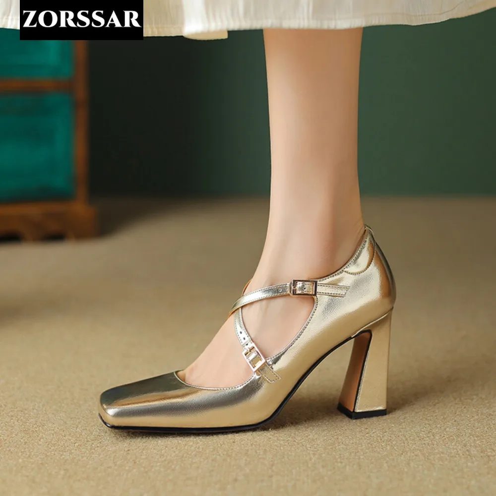 Gold Silver Mary Jane Women\'s Shoes Fashion Retro Buckle Shallow Pumps Square Toe Thick Heel Handmade Shoes Woman Size 33-41