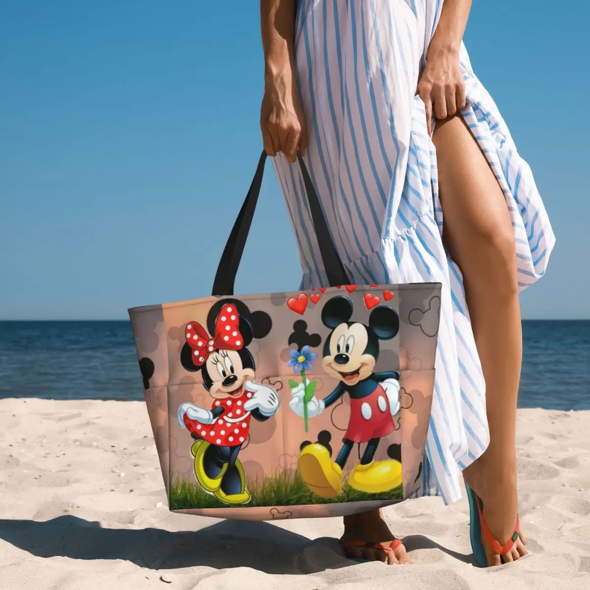 Custom Mickey Minnie Mouse Love Groceries Shopping Tote Bags Women Big Capacity Cartoon Gym Beach Travel Bags