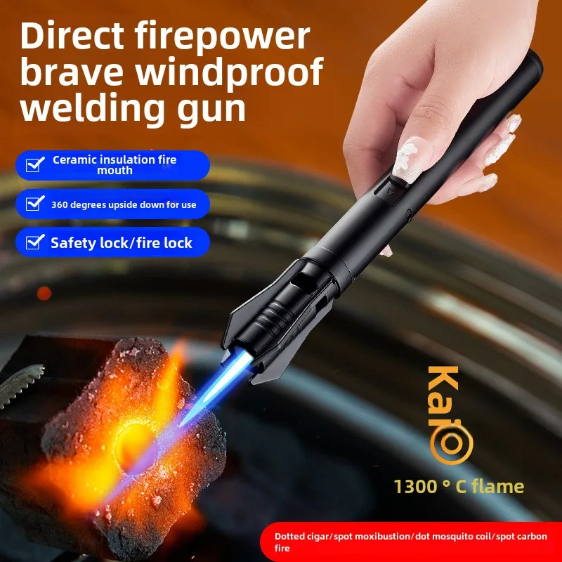 New Strong Fire Butane Inflatable Windproof Spray Gun Lighter Metal Windproof Cigar Outdoor Portable Barbecue Baking Igniter