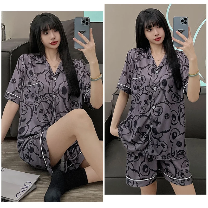 2022 summer lovers pajamas imitation cotton cardigan letter three-piece set of trendy INS casual and loose home wear