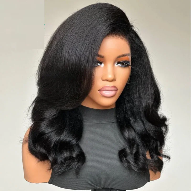 Natuurlijke Zwarte 26Inches Lange 180% Dichtheid Lijmloze Yaki Kinky Rechte Body Wave Kant Voor Pruik Voor Vrouwen BabyHair PrepluckedDaily