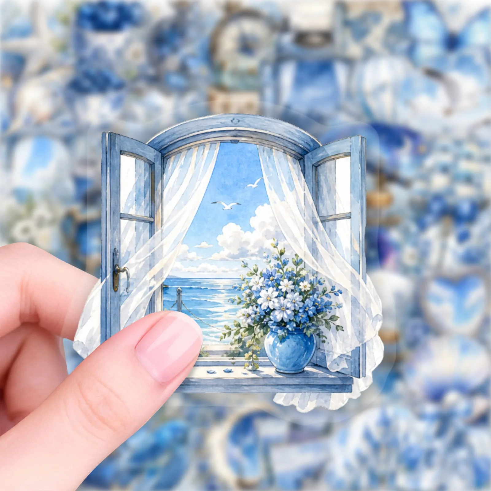 50 PCS Blue Ocean Watercolor Stickers Transparent PET Dreamy Sailing Style Hand Account Material Waterproof Student Decals