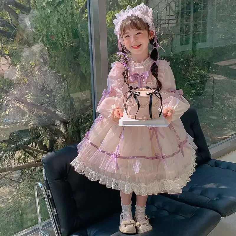 Birthday Party Lolita Sweet Dress Girls Kids 2024 Pink-purple Long Sleeve Dress Cute Princess Doll Teen Dress For Girls 2-10Y