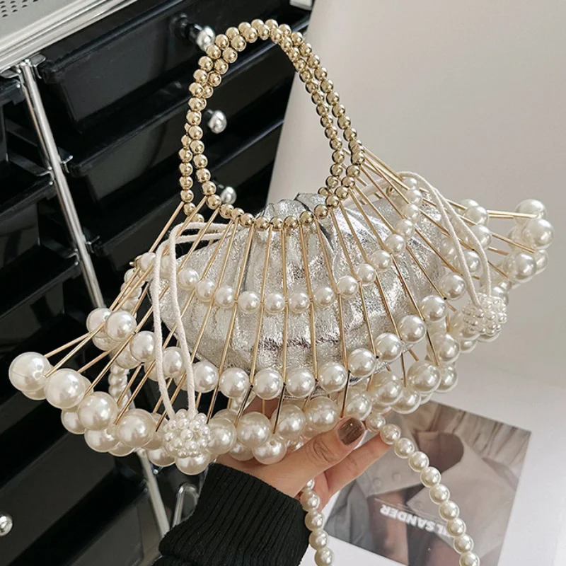 2024 New Retro Evening Handbags for Women Pearl Hollow Out Shoulder Bag Ladies Summer Luxury Fashion Party Cute Small Female Bag