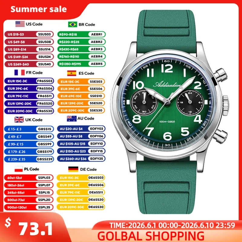 

ADDIESDIVE Men's Quartz Watches 38mm Waterproof 100m VK64 Chronograph Wristwatch Bubble Glass Rubber Strap Super Luminous Watch