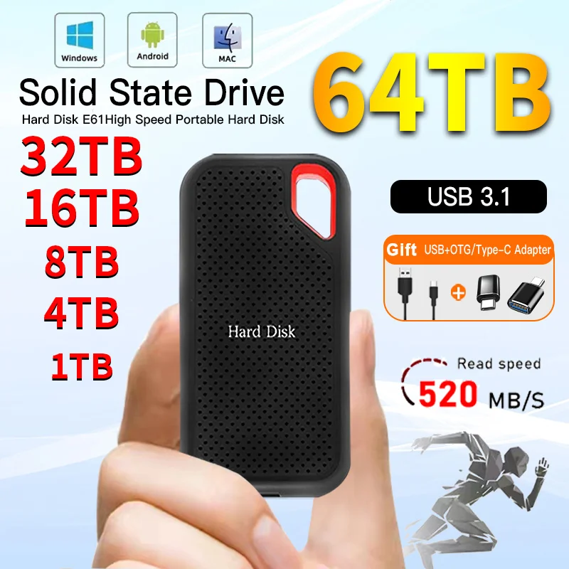 محرك الأقراص الصلبة الخارجي 256 تيرا بايت SSD محمول 4 تيرا بايت USB3.1 Type-c محرك الحالة الصلبة 1 تيرا بايت جهاز تخزين عالي السرعة لأجهزة الكمبيوتر المحمول/Mac/الكمبيوتر