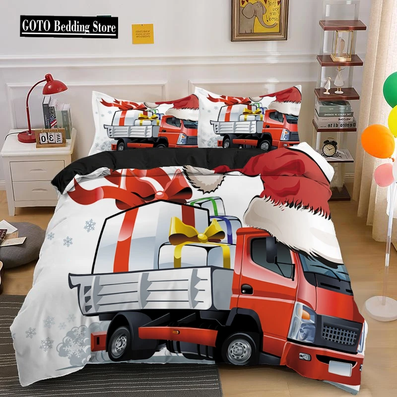 

Christmas Truck King Queen Duvet Cover Red Cartoon Gift Car Bedding Set Kid Boy Girl Happy New Year 2/3pcs Polyester Quilt Cover