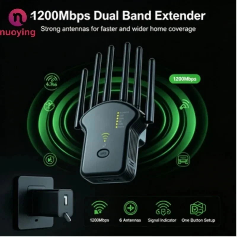 6 anten o wysokim zysku, wzmacniacz sygnału WiFi, 1200 Mb/s, 2,4 GHz, 5 GHz, dwuzakresowy, bezprzewodowy repeater, rozszerzacz zasięgu sieci domowej, wzmacnia zasięg WiFi. — 2