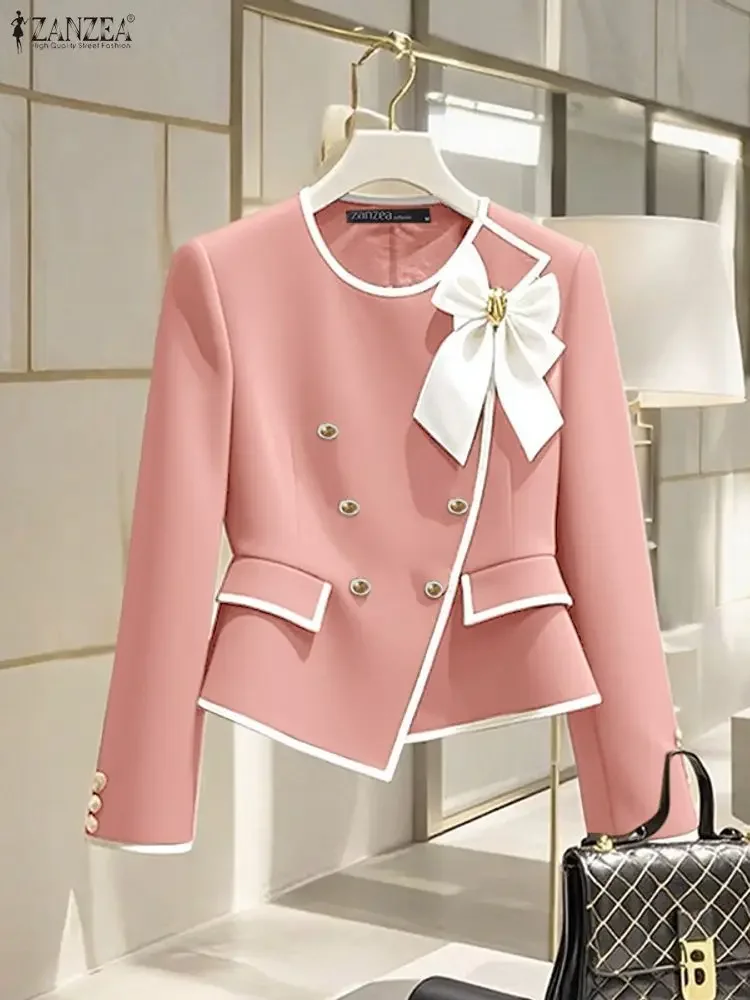 

ZANZEA Elegant Blazer Autumn Double Breasted Long Sleeve Coats Women Fashion Bow Office Outerwear 2025 Casual Street Jackerts