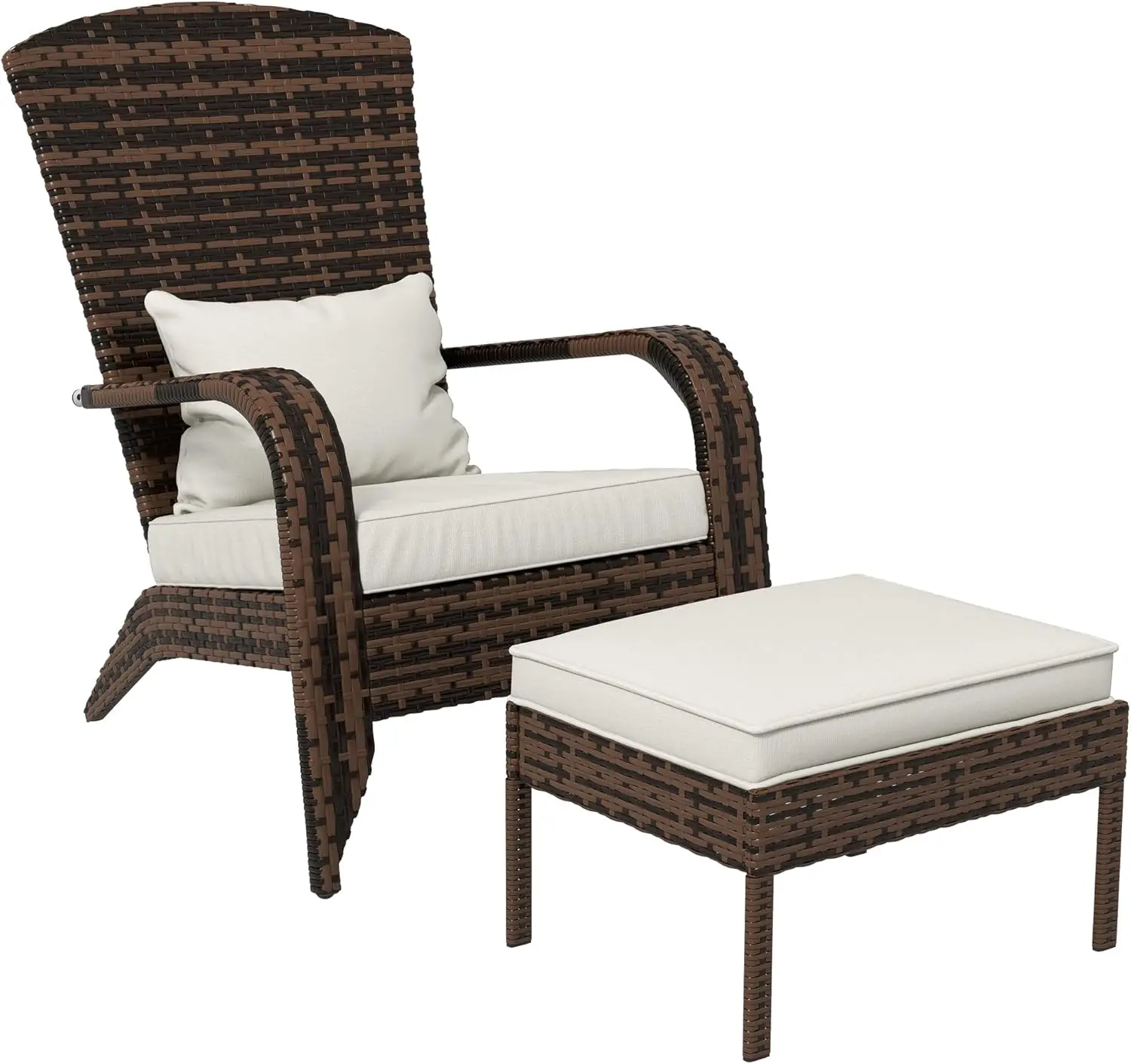 

Patio Wicker Adirondack Chair with Ottoman, Outdoor Fire Pit Chair with Cushions, High-Back, Large Seat & Armrests