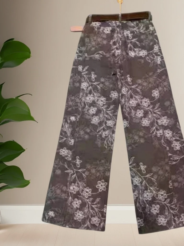 

Spring High Waist Loose Fit Floral Embroidery Denim Pants Wide Leg Casual Sle Women's Premium Feeling Faionable Jeans