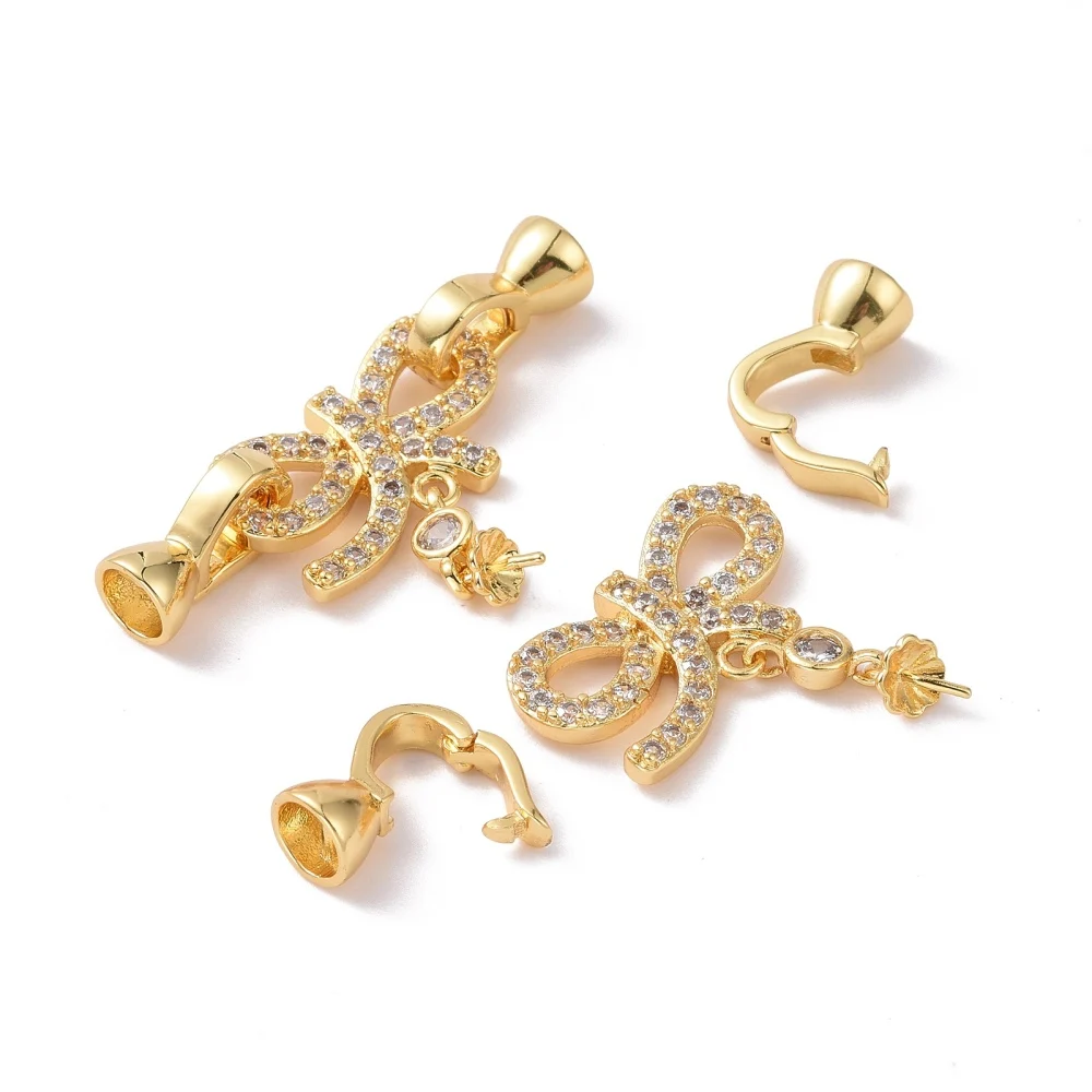 5pcs 35mm Bowknot Fold Over Clasps Brass Micro Pave Clear Cubic Zirconia Clasps for Bracelet Necklace Jewelry Making Connector