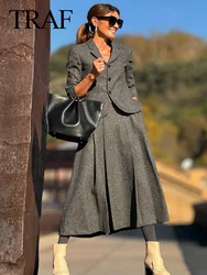 TRAF 2023 Autumn Women Fashion Suits Trend Solid V Neck Textured Slim Blazer + With Pleats Commute Office Lady Female Skirt