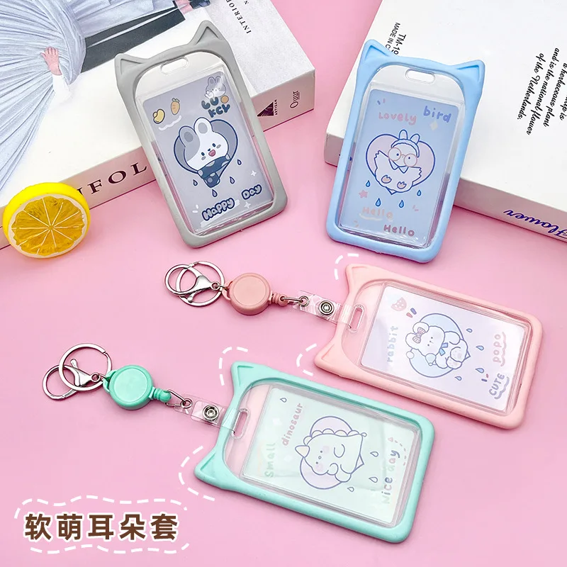 Cute Soft Silicone Cat Ear Card Holder, Student Campus Bus Subway Meal & Access Card Protective Cover with Lanyard