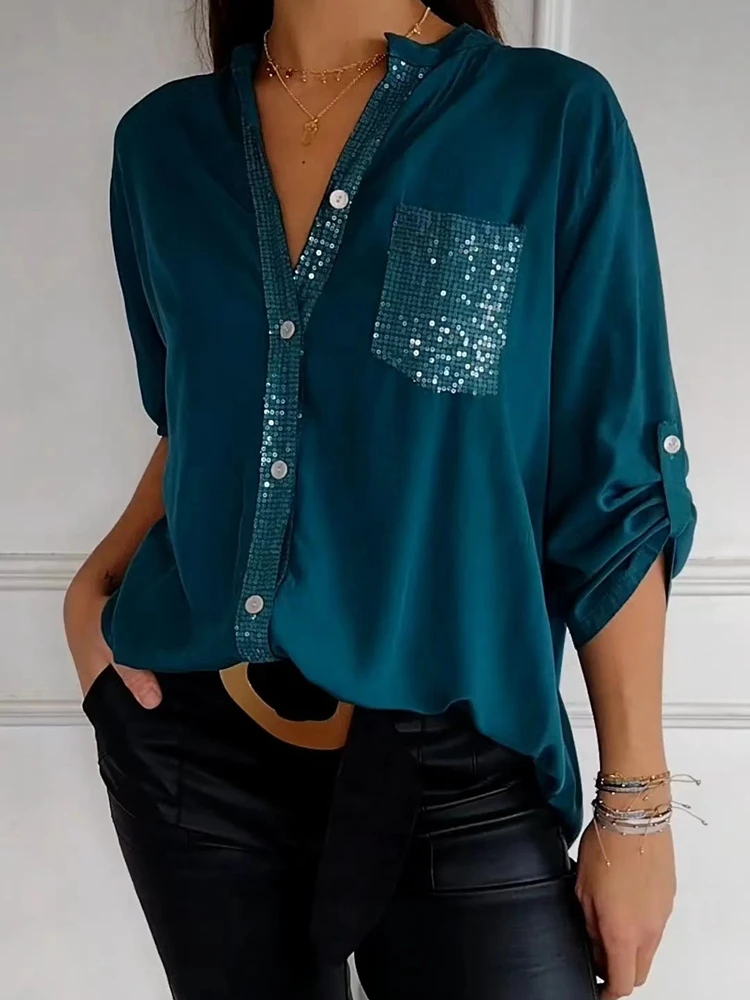 Women Fashion Pocket Sequins Decor Roll Up Sleeve V Neck Blouse Femme Long Sleeve Asymmetric Hem Casual Top Shirts