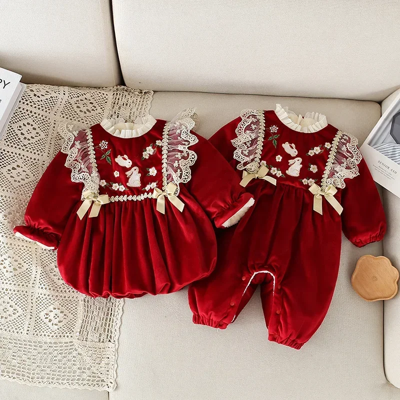 

Winter Girls Princess Lace Dress Children Baby Infants Thickening Embroidered Velvet Christmas Party Dresses Vestidos Kids