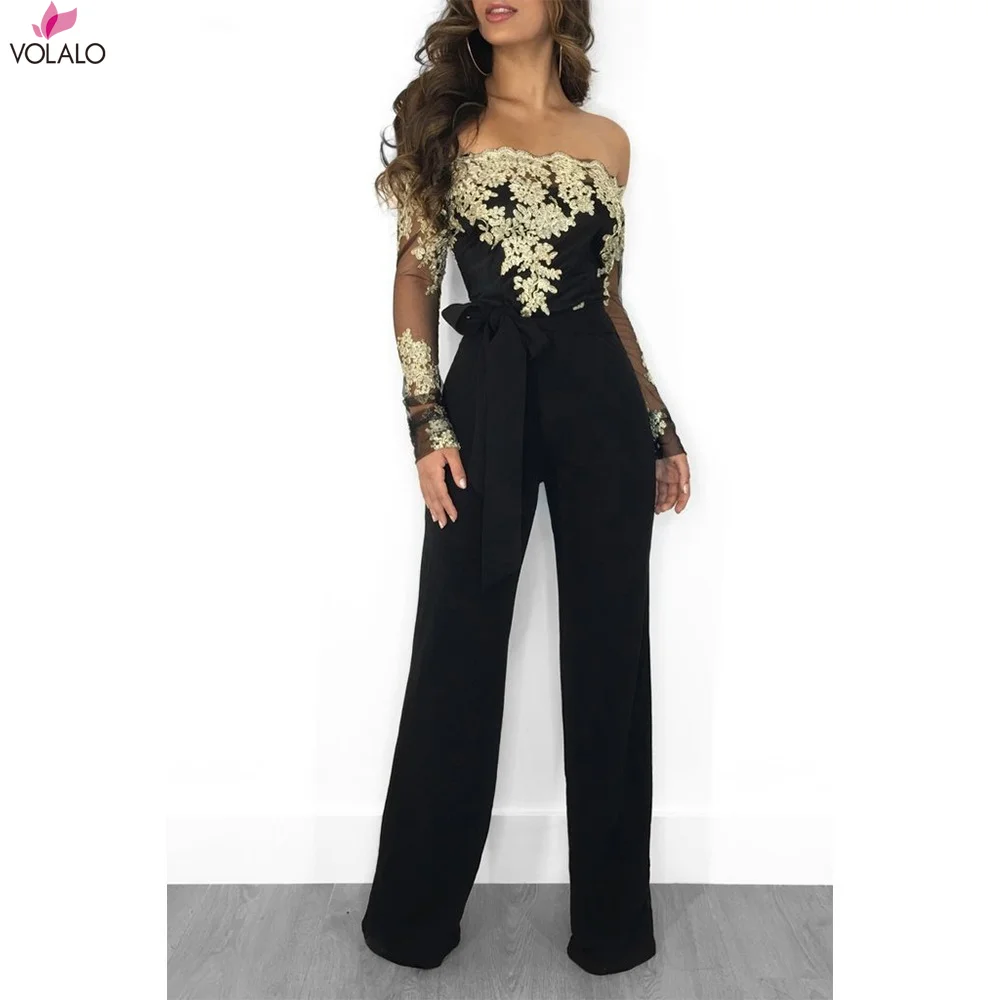 Appliques Lace Patchwork Jumpsuit Women Sexy Off Shoulder Slash Neck Long Sleeve Women Jumpsuit Elegant Wide Leg Jumpsuit 2XL