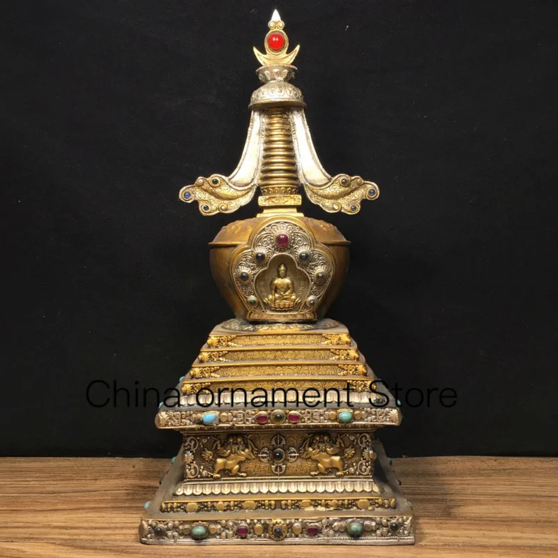 34cm  Pagoda  Bodhi Pagoda  Antique Gilded Gem Inlaid Treasure Pagoda  Relic Pagoda  Buddha Hall Desktop Decoration Ornaments