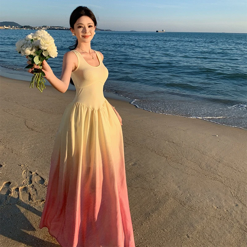 Beach Vaion Sunset adient Dyed Vest Dr Long Bell ape n Sle Casual Date Night Outfit Strapl Polyester Skirt