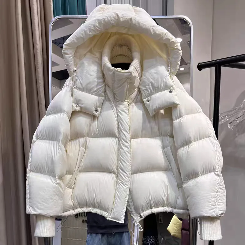 Winter Waterproof Warm Quilted Jacket Female Solid Hooded Loose Short Down Jacket Women 90 White Duck Down Parker Outwear Coat