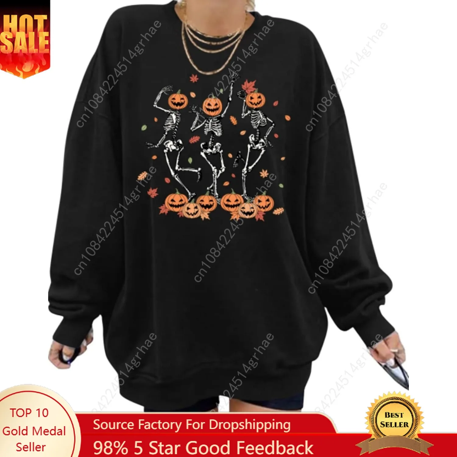 سويت شيرت الهالوين للنساء، قميص هيكل عظمي للرقص كبير الحجم، بلوفر برسومات جمجمة مخيفة، هدية على شكل يقطين #1